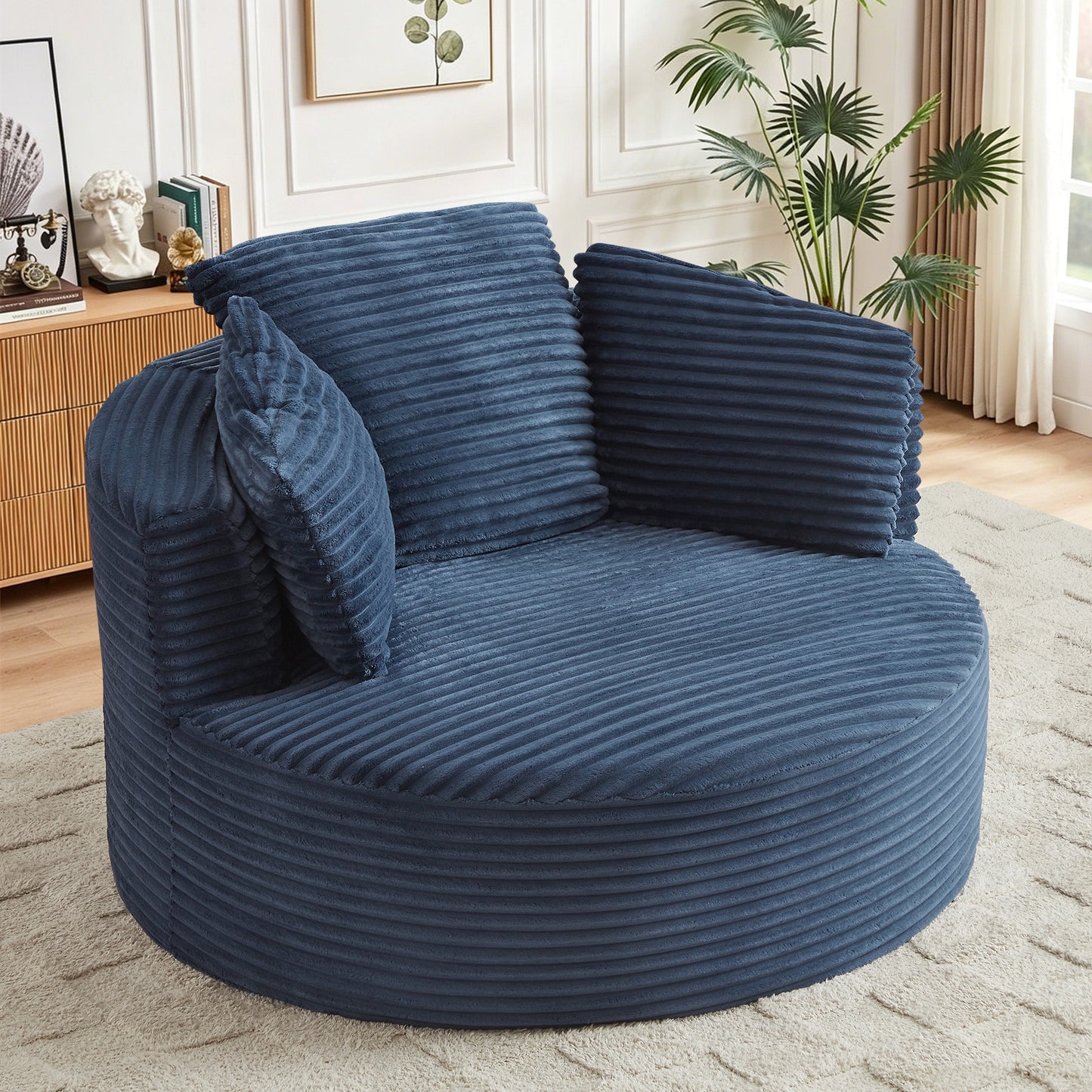 Muumblus 48.8" Oversized Accent Barrel Chair, Fluffy Round Lazy Sofa Chair for Adults, No Assembly Required, Black Corduroy