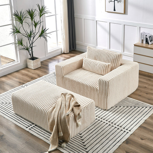 Muumblus Oversized Lounge Chair with Ottoman, No Assembly Required, Corduroy Sleeper Sofa Couch for Living Room, Beige