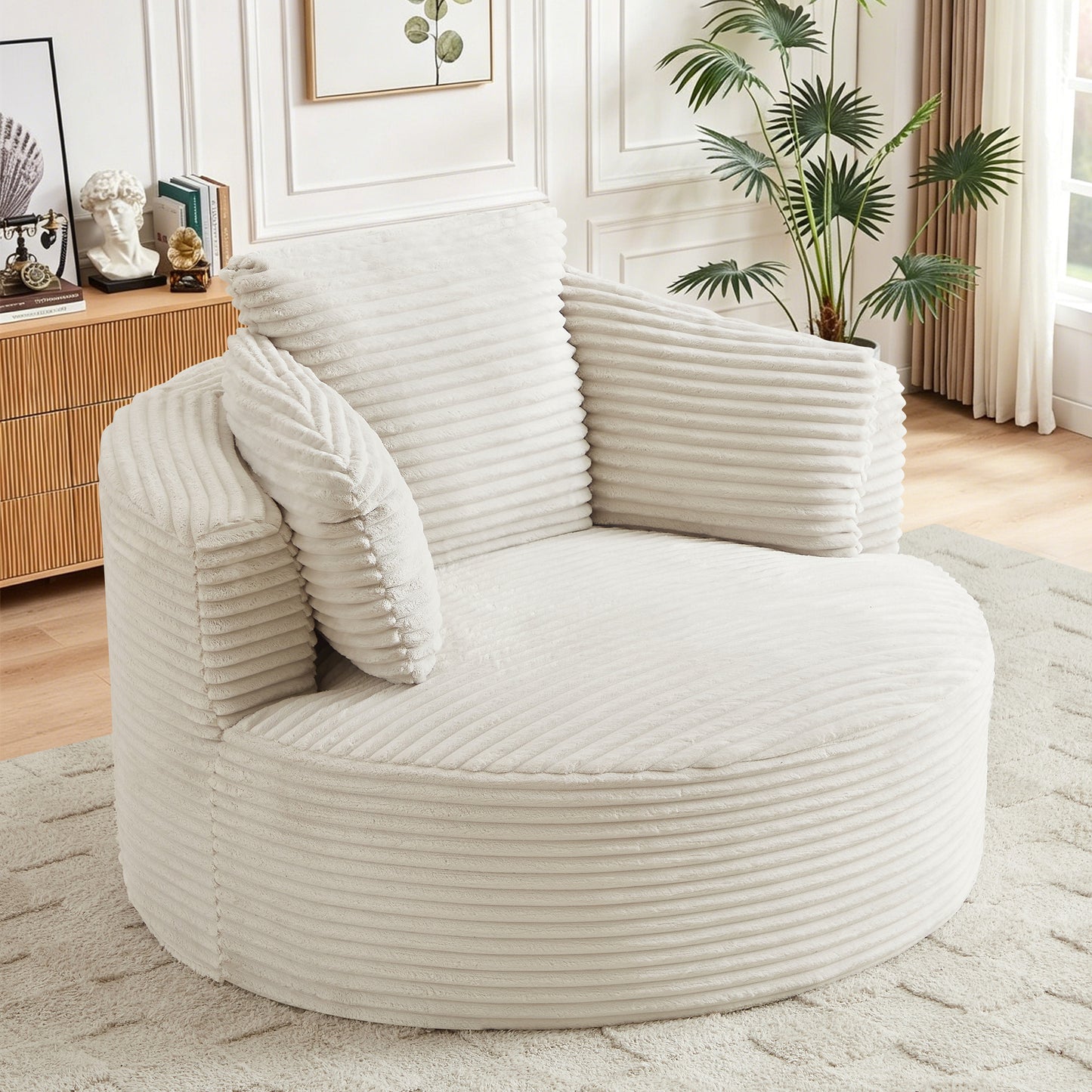 Muumblus 48.8" Oversized Accent Barrel Chair, Fluffy Round Lazy Sofa Chair for Adults, No Assembly Required, Black Corduroy