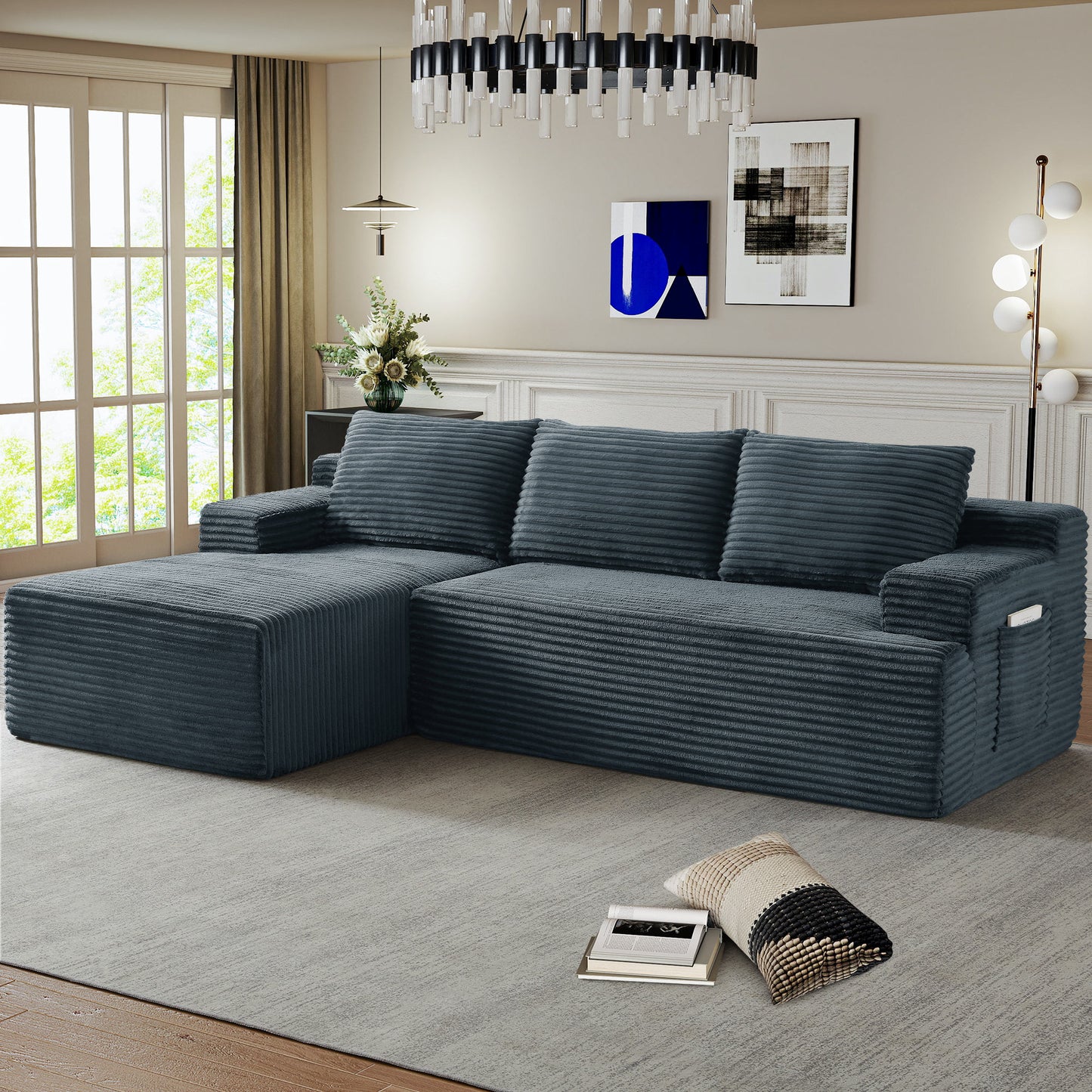 Muumblus L-Shaped Modular Sectional Sofa with Chaise, Boneless Deep Seat Cloud Couch, No Assembly Corduroy Sleeper Sofa for Living Room, Black（Right Facing Chaise）