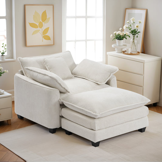 Muumblus 46" Indoor Lounge Chair with Ottoman, Corduroy Cozy Accent Armchair for Living Room, Beige