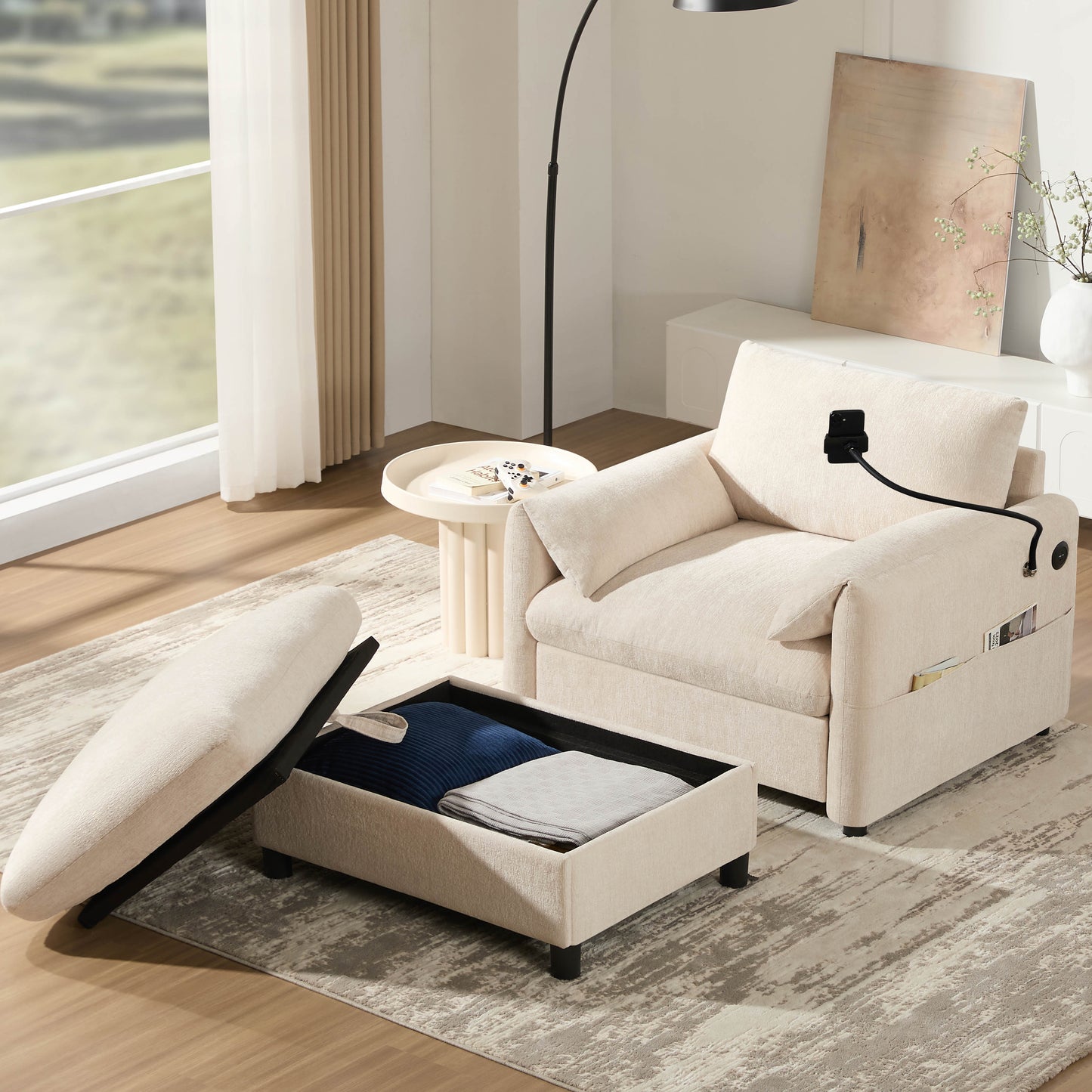 Muumblus Accent Armchair with USB & Phone Stand, Lounge Chair with Storage Ottoman, Indoor Chaise Lounge, Cozy Single Sofa for Living Room, Apt, Beige Chenille