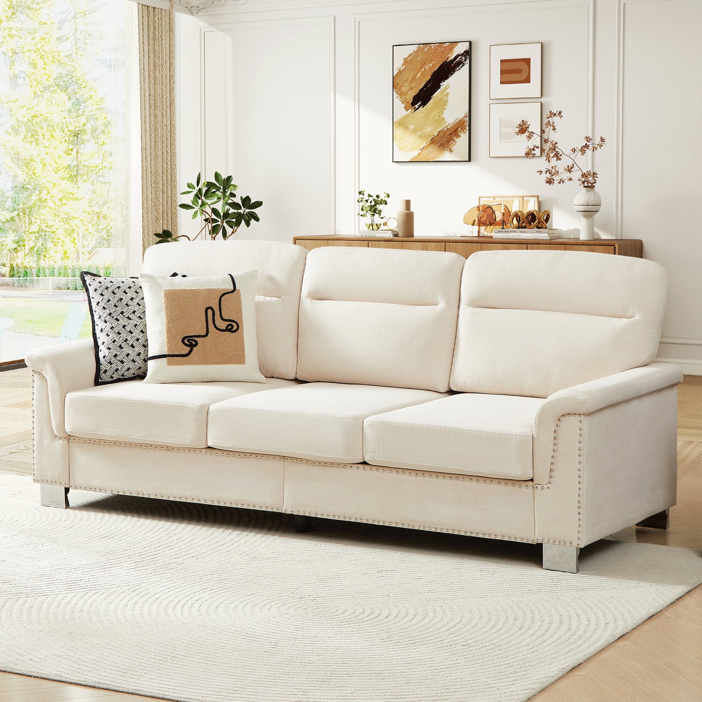 Muumblus 84" 3-Seater Sofa, Modern Deep Seat Nailhead Trim Couch with Curved Arms and Metal Legs for Living Room, Beige