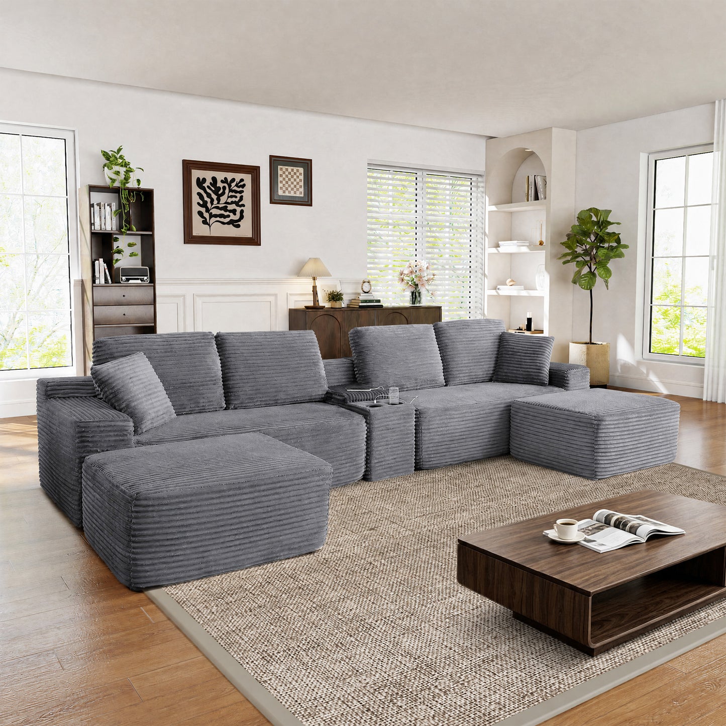 Muumblus 125" Cloud Sectional Sofa with Storage Console, U-Shaped Modular Couch with 2 Ottomans, USB, Cup Holders, Oversized Corduroy Living Room Sofa, Black