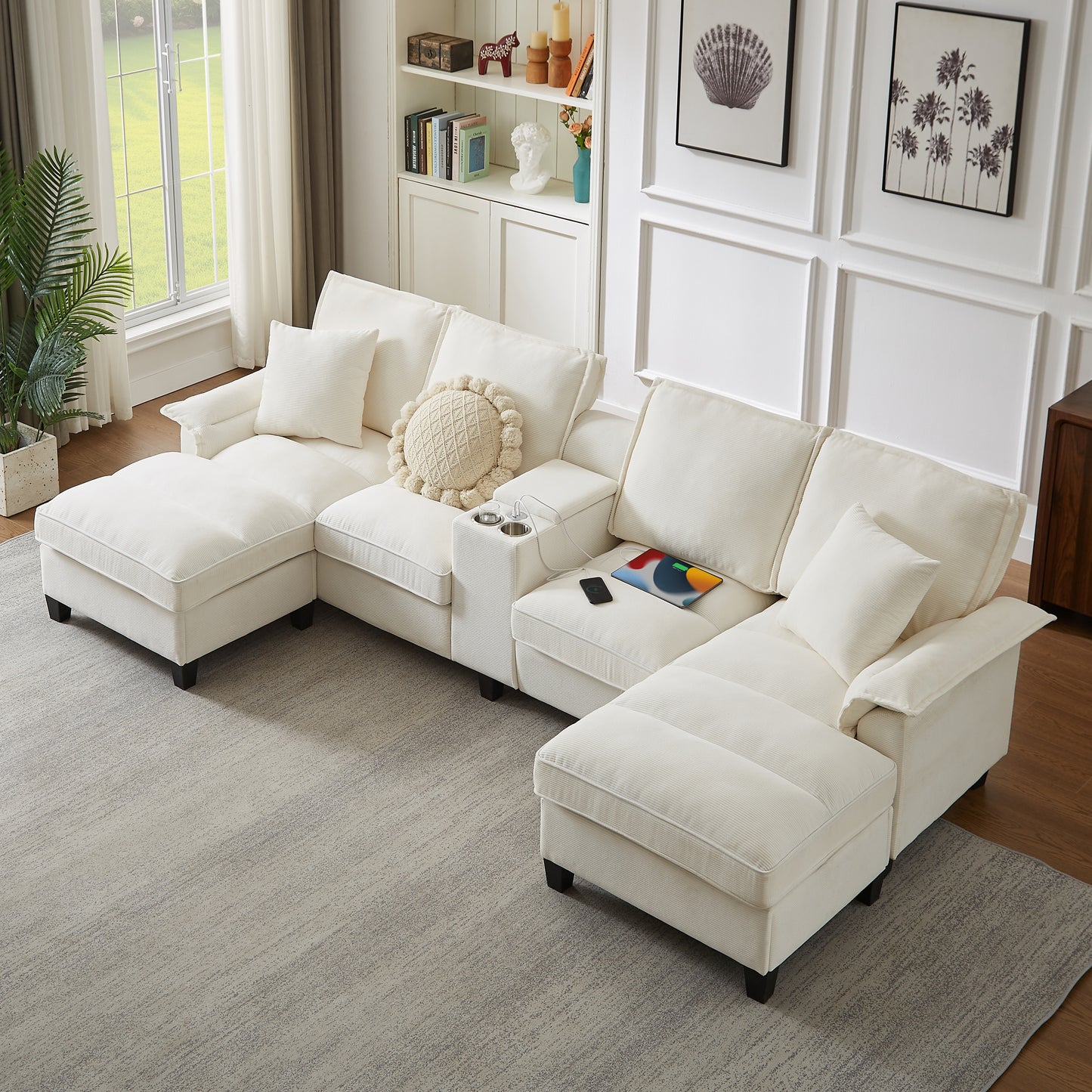 Muumblus 120" U-Shaped Sectional Sofa with USB & Storage, Living Room 4-Seater Couch with Double Chaise Lounge, Cup Holders, Beige Corduroy