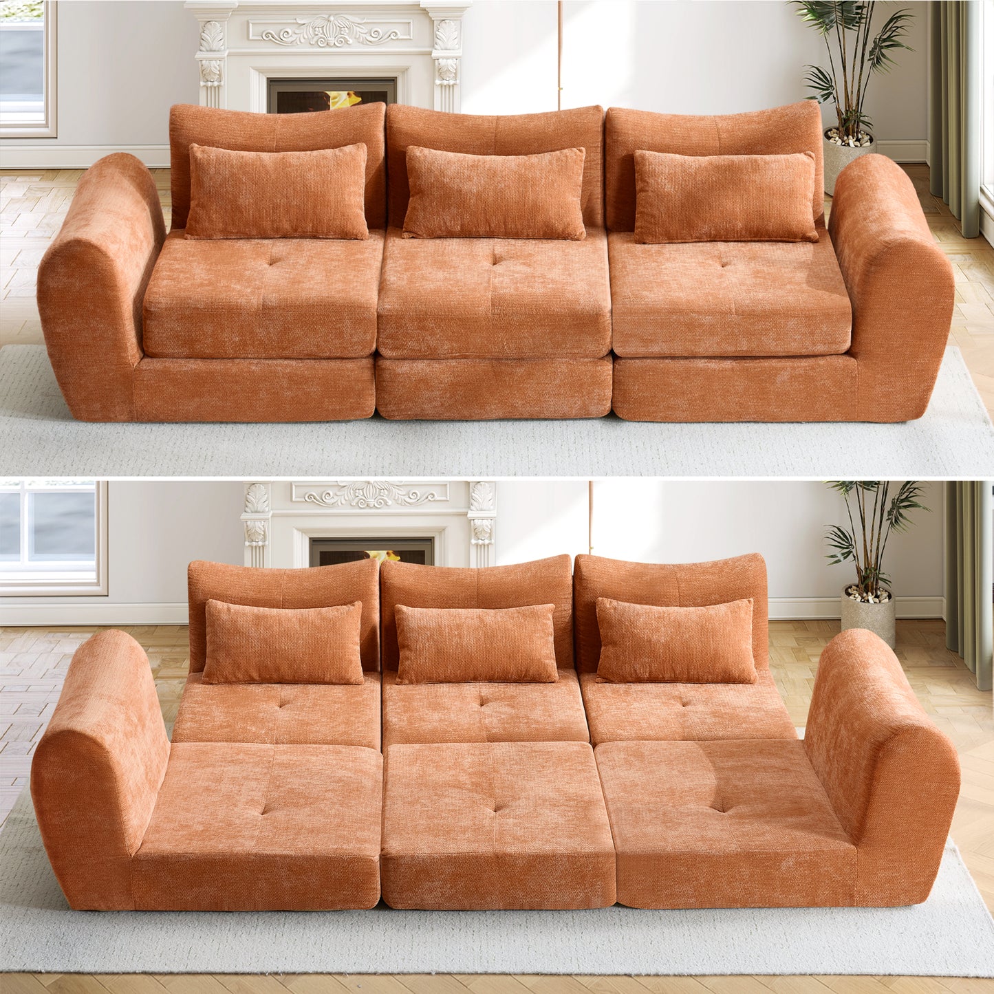 Muumblus 101.6" Modular Sectional Sofa, Convertible Floor Sofa Sleeper Bed, Modern Boneless Cloud Sectional for Living Room, Black Chenille