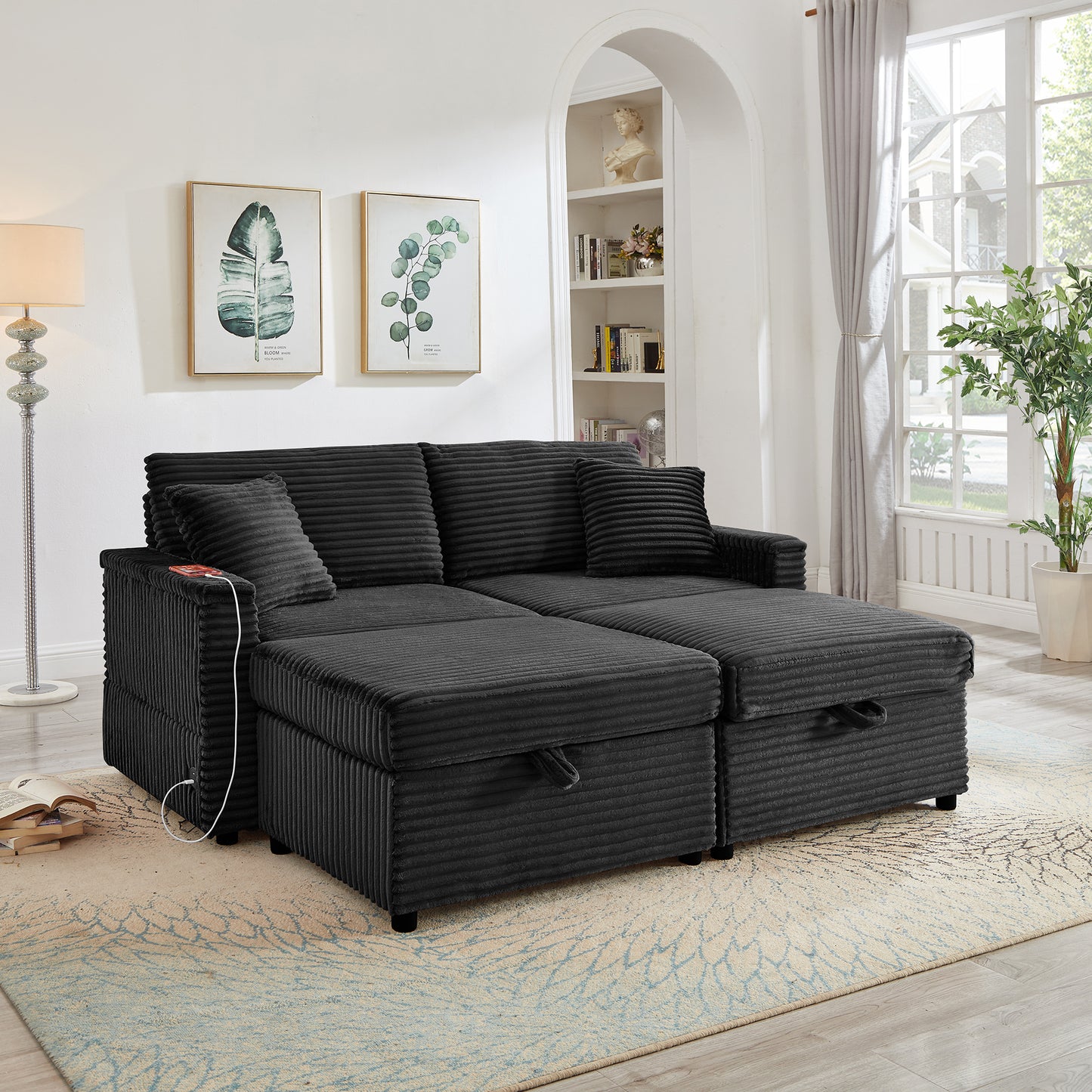 Muumblus Modular Sectional Sofa with 2 Storage Ottomans, 2 Side Tables & USB, Cozy Double Chaise Lounge Cloud Sofa, Plush Corduroy Sleeper Bed Couch for Living Room, White