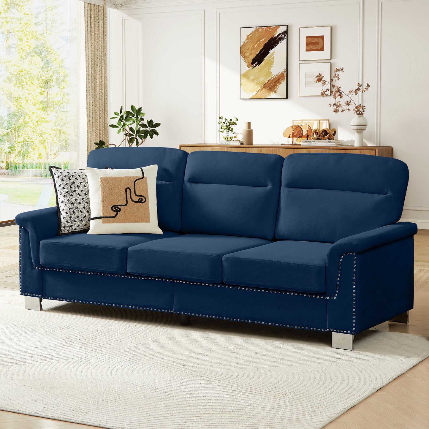 Muumblus 84" 3-Seater Sofa, Modern Deep Seat Nailhead Trim Couch with Curved Arms and Metal Legs for Living Room, Beige