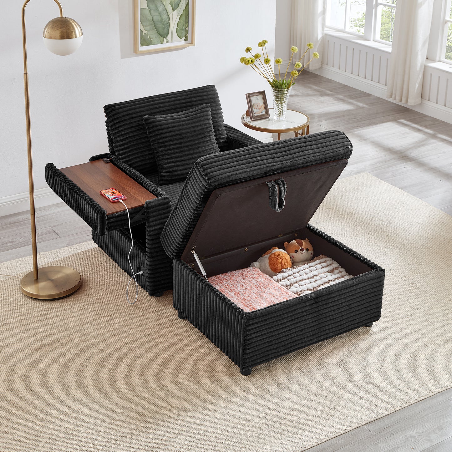 Muumblus Accent Chair with Storage Ottoman & Side Table, Cozy Lounge Chair with USB, Modern Single Sofa Armchair for Living Room, White Corduroy