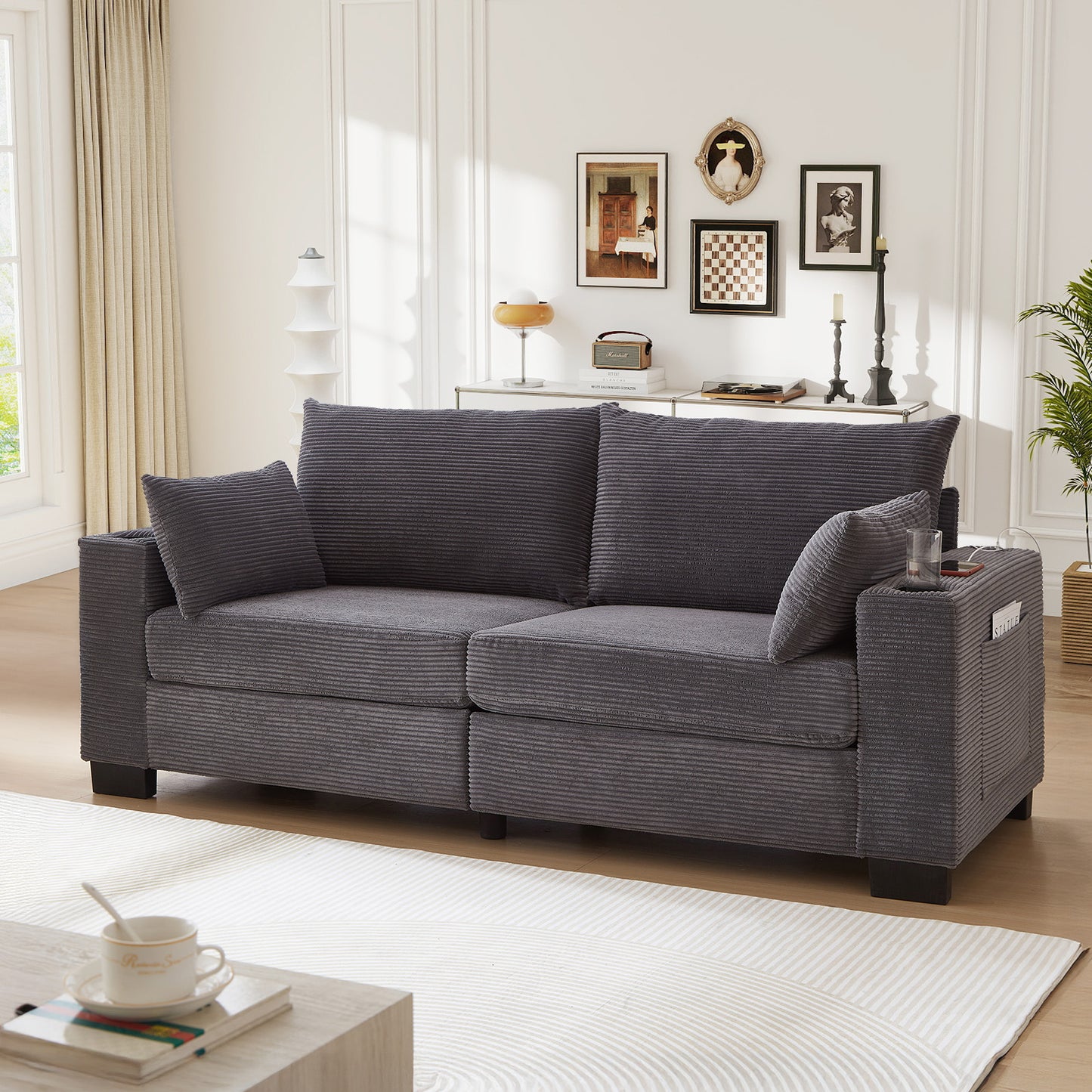 Muumblus 78"L Corduroy Sofa with USB & Cup Holders & Pockets, Deep Seat Living Room Upholstered Sofa, Black