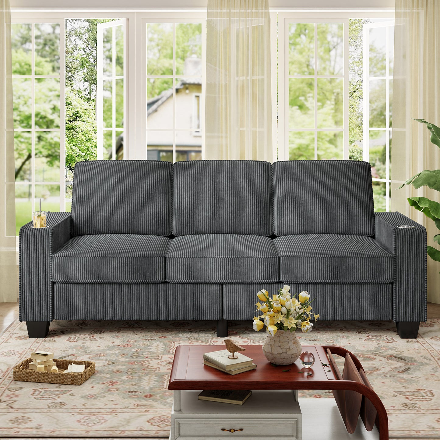 Muumblus 83.5" Living Room Sofa with Cup Holders, Cozy Plush Upholstered Couch, Corduroy Sofa 3-Seater, Black