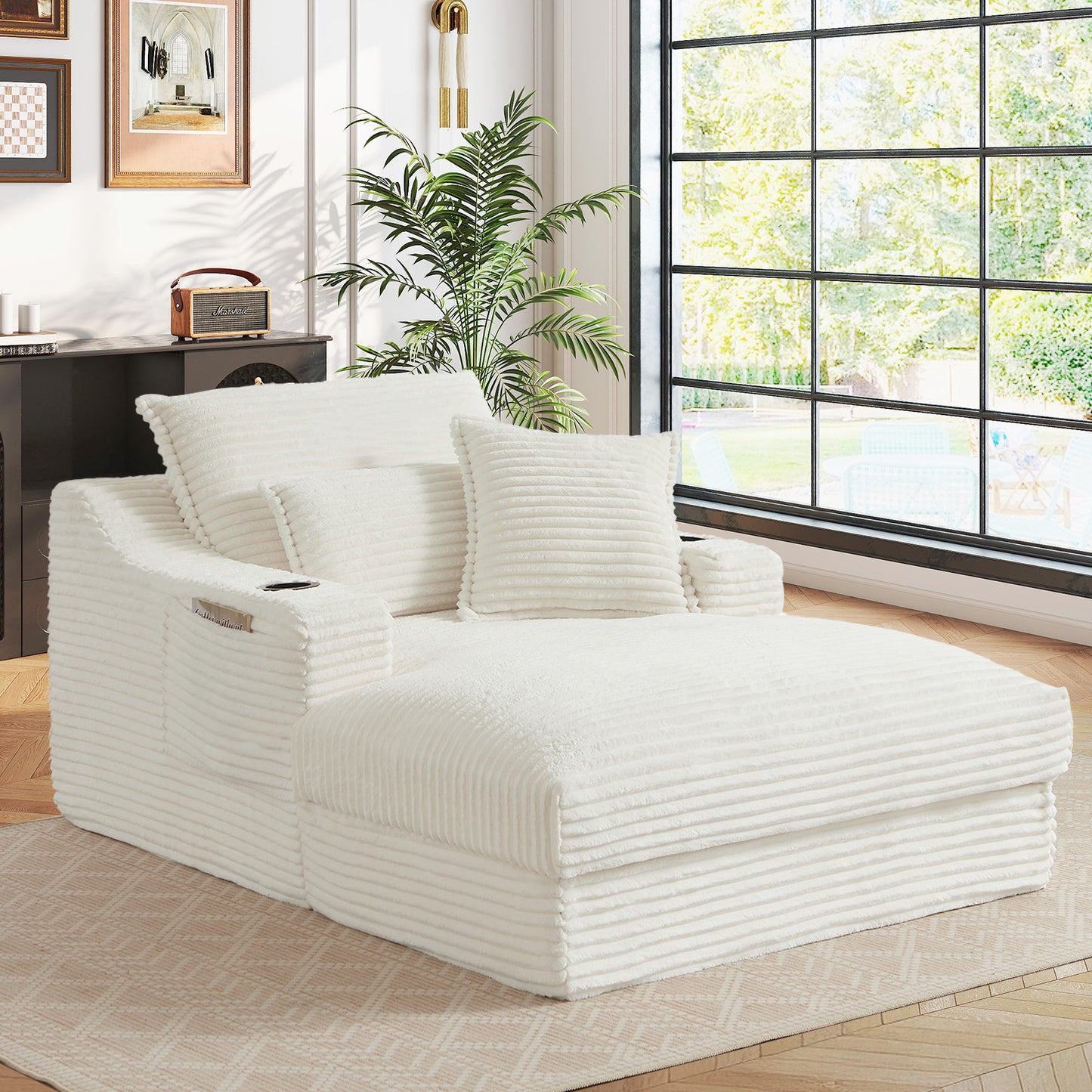 Muumblus Indoor Chaise Lounge with Cup Holders, No Assembly Required, Oversized Upholstered Lounge Chair Sofa Bed for Living Room, Bedroom, Apt., Beige Corduroy