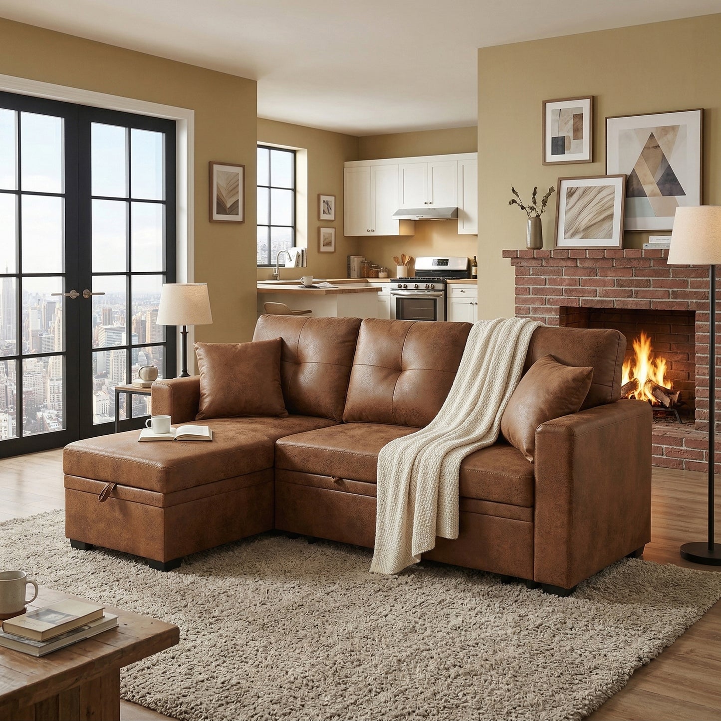 Muumblus Convertible Pull Out Sofa Bed, L-Shaped Sectional Sleeper Couch with Storage Chaise, Vintage Faux Leather Look, Brown Polyester Fabric