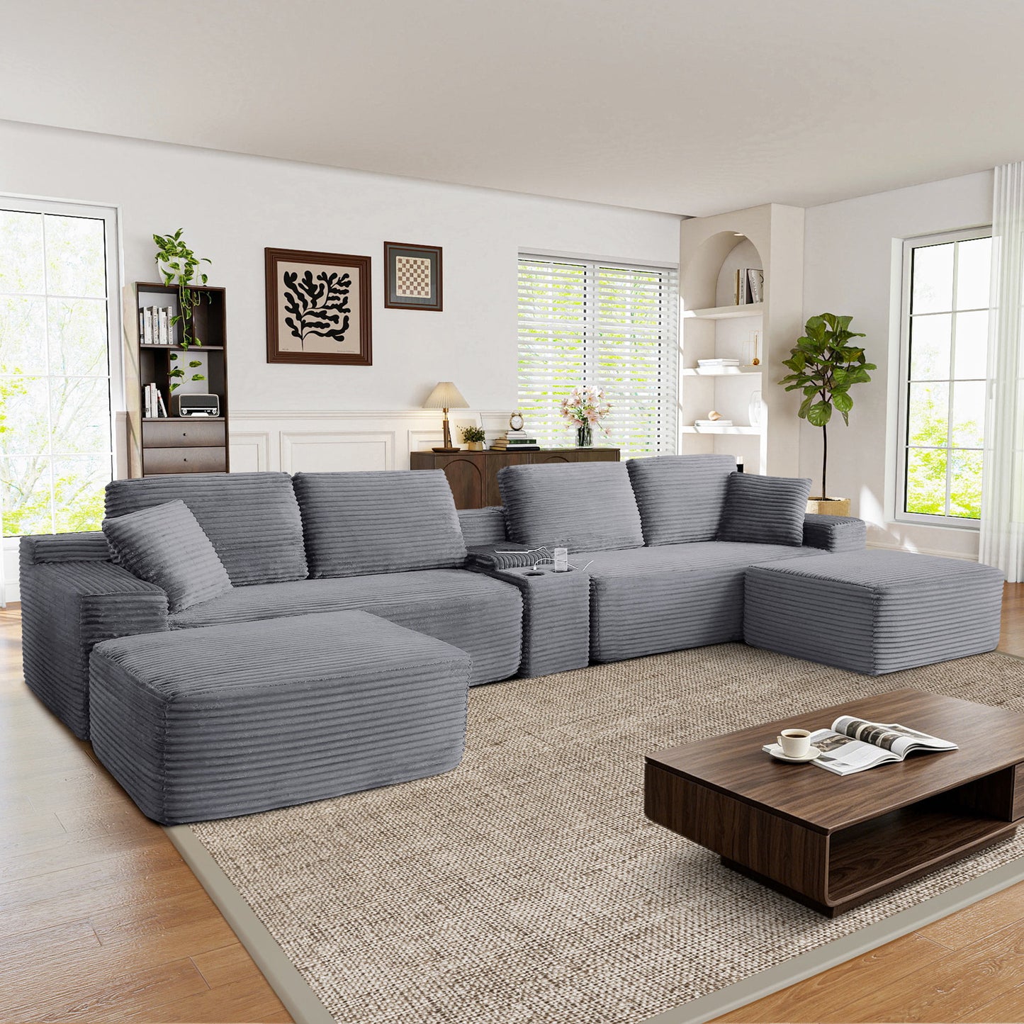Muumblus 125" Cloud Sectional Sofa with Storage Console, U-Shaped Modular Couch with 2 Ottomans, USB, Cup Holders, Oversized Corduroy Living Room Sofa, Black