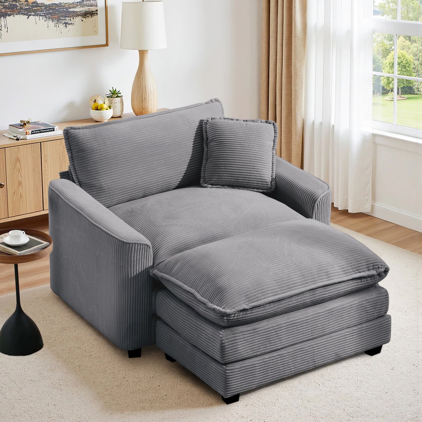 Muumblus 46" Indoor Lounge Chair with Ottoman, Corduroy Cozy Accent Armchair for Living Room, Beige