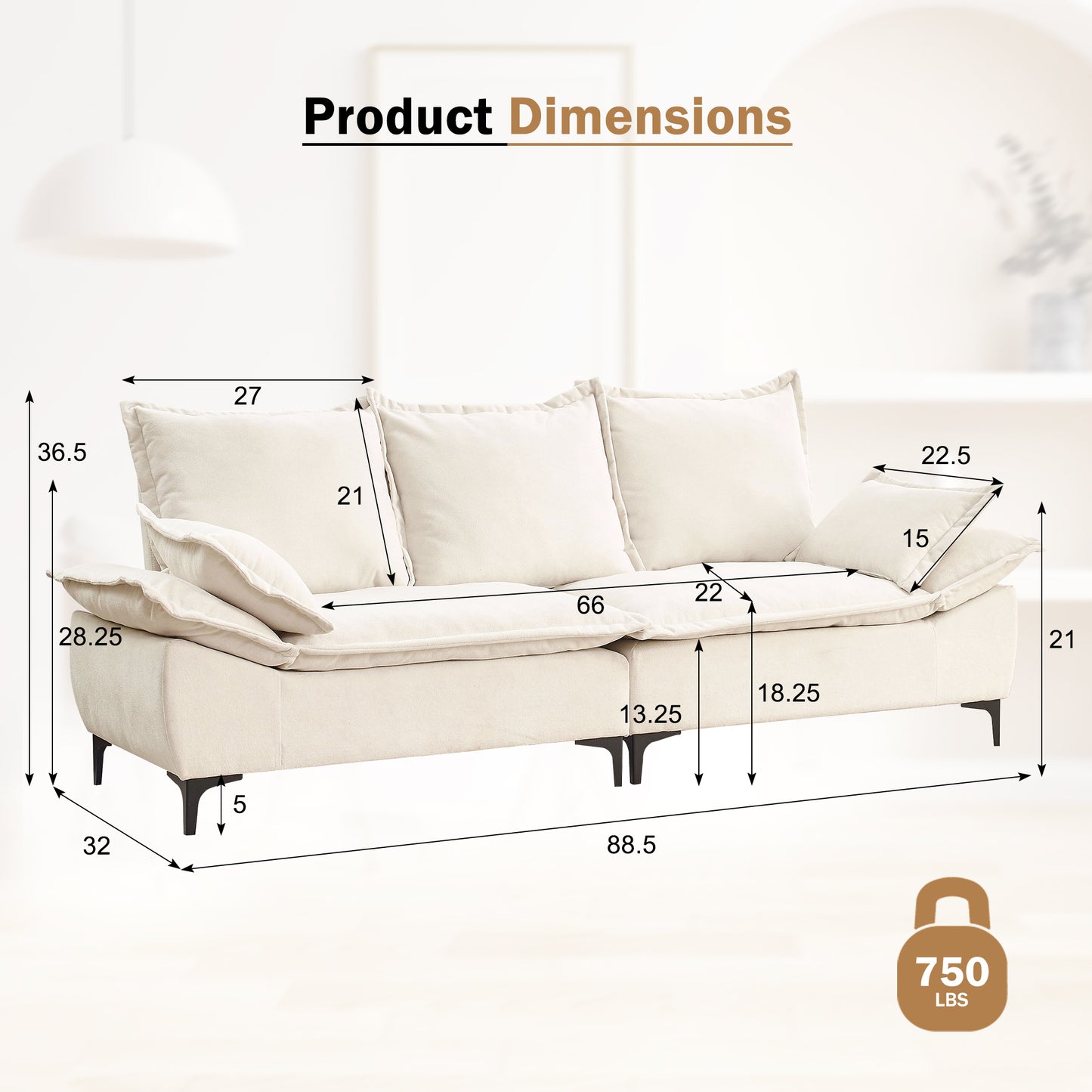 Muumblus 88.5" Upholstered Sofa Couch, 3 Seater Loveseat Sofa with 2 Pillows, Modern Velvet Couch for Living Room, Beige