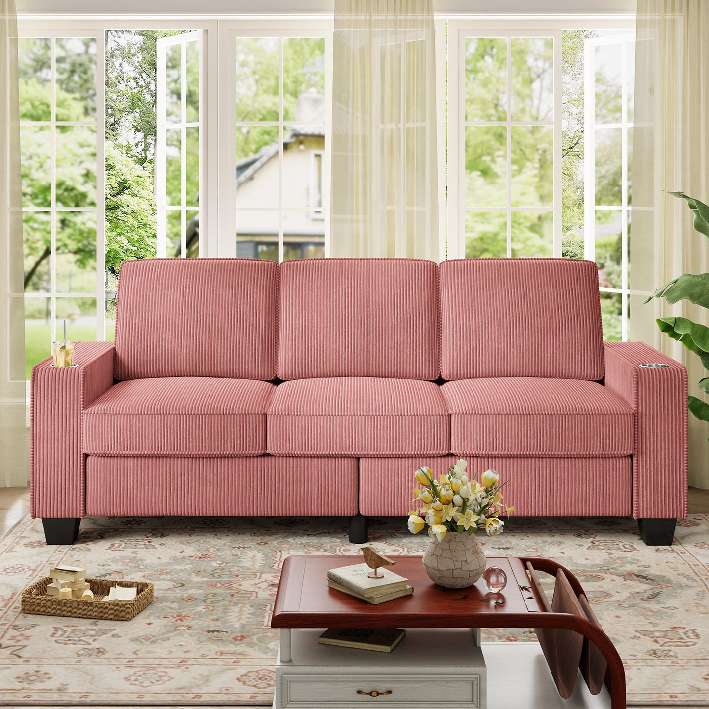 Muumblus 83.5" Living Room Sofa with Cup Holders, Cozy Plush Upholstered Couch, Corduroy Sofa 3-Seater, Black