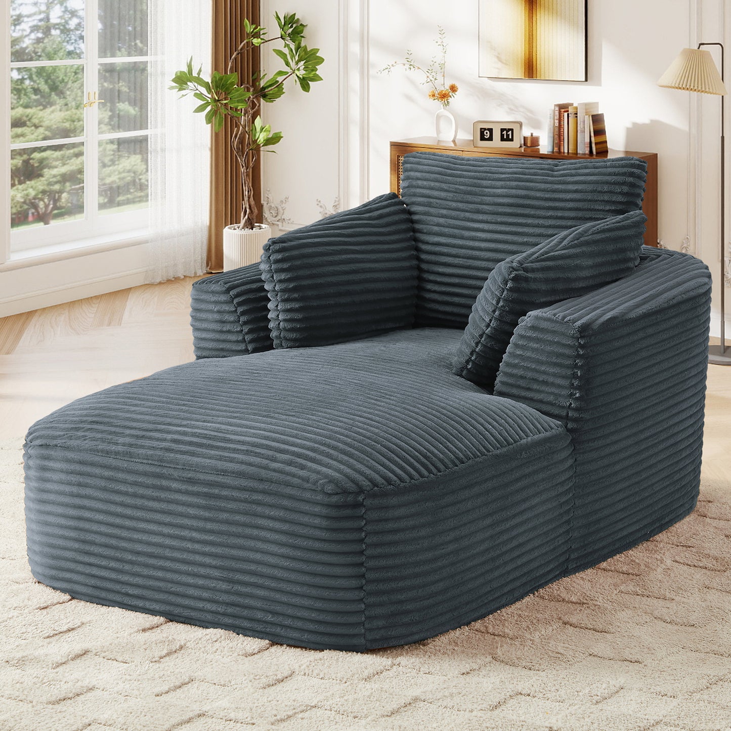 Muumblus Chaise Lounge Indoor, Cozy Lounge Chair Sleeper Sofa for Adults, No Assembly Required, Black Corduroy