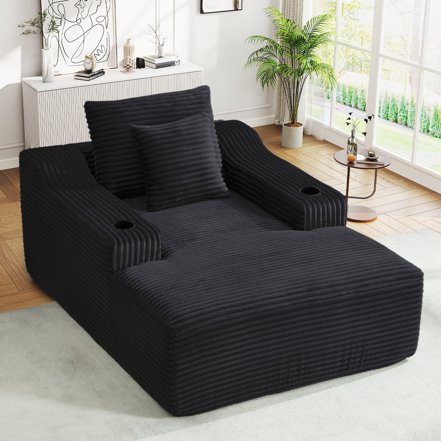 Muumblus Indoor Chaise Lounge Chair with Cup Holders, No Assembly Required, 67"D Oversized Deep Seat Cloud Couch, Corduroy Boneless Sleeper Sofa Bed for Livng Room, White