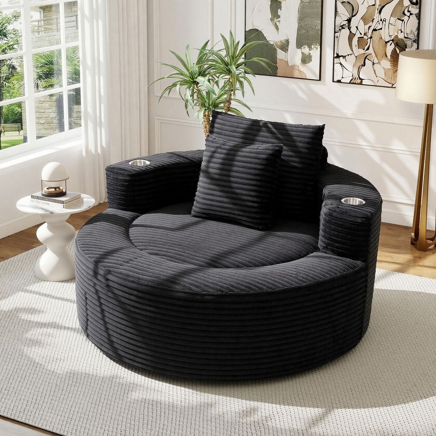 Muumblus 55" Indoor Round Chaise Lounge with Cup Holders, Oversized Boneless Accent Barrel Chair, Black Corduroy