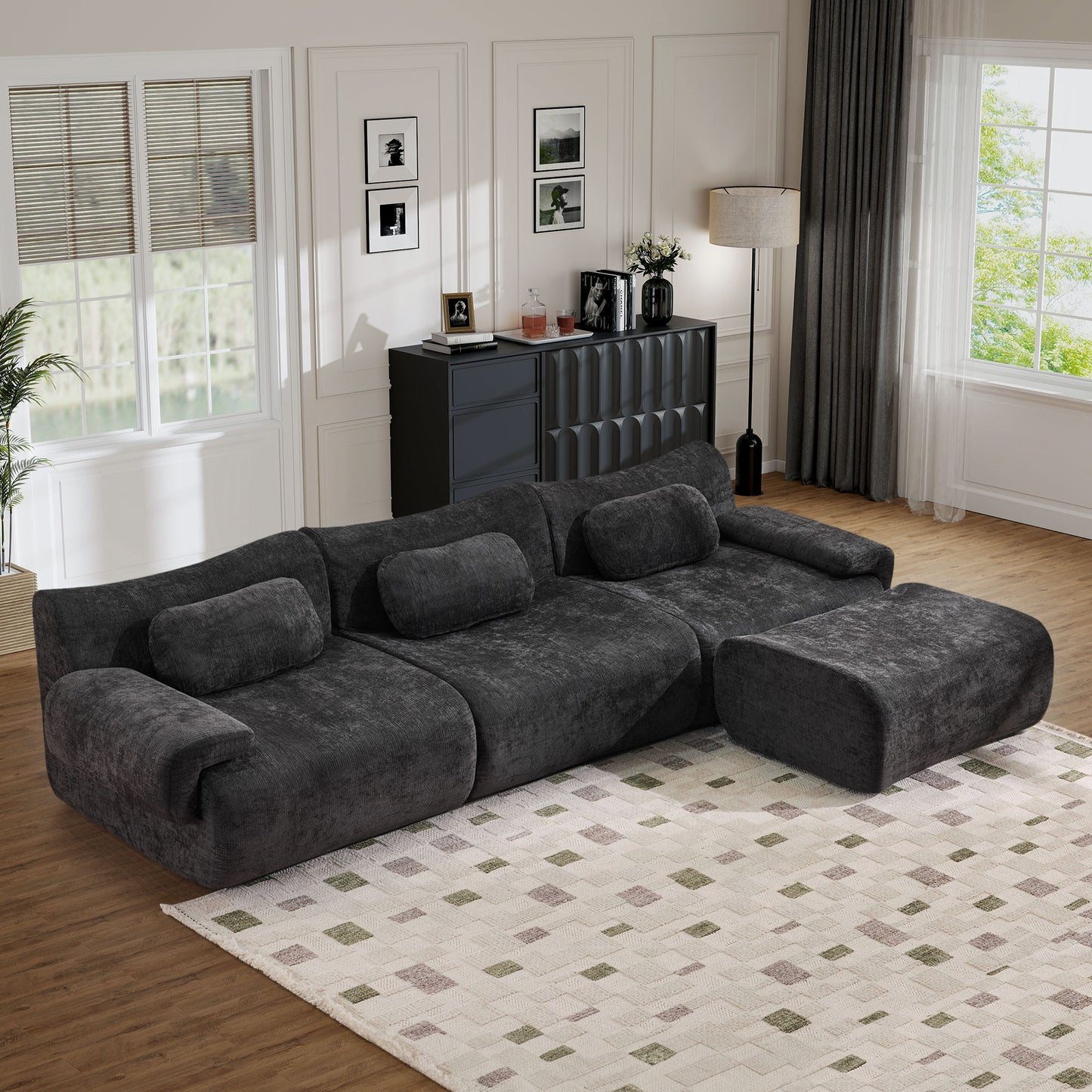 Muumblus Modular Sectional Sofa with Movable Ottoman, Oversized L-Shaped Cloud Sofa with Chaise, Boneless Deep Seat Living Room Couch, Black Chenille