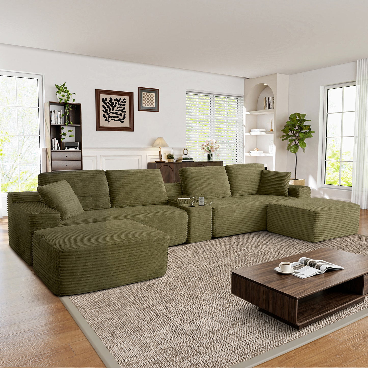 Muumblus 125" Cloud Sectional Sofa with Storage Console, U-Shaped Modular Couch with 2 Ottomans, USB, Cup Holders, Oversized Corduroy Living Room Sofa, Black