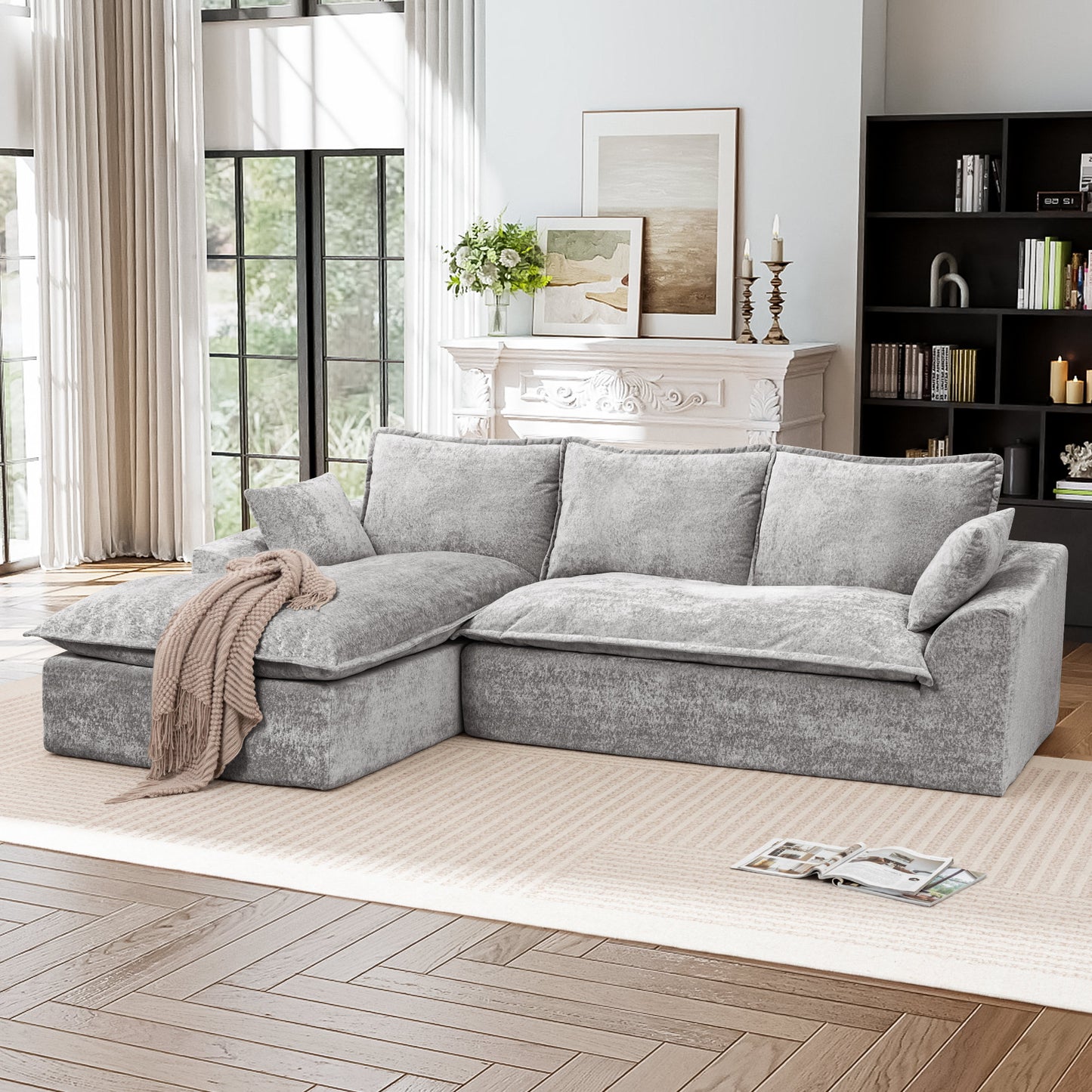 Muumblus 103" Boneless Sectional Sofa with Left Chaise, Comfy L-Shaped Modular Couch for Living Room, No Assembly Required, Black Chenille