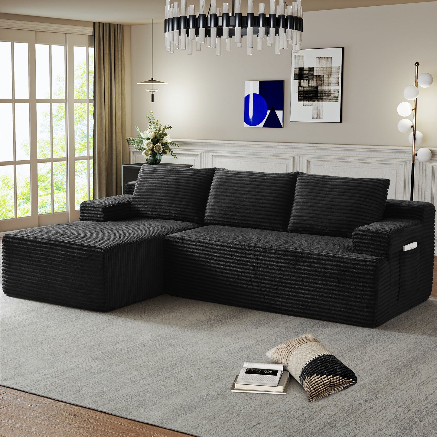 Muumblus L-Shaped Modular Sectional Sofa with Chaise, Boneless Deep Seat Cloud Couch, No Assembly Corduroy Sleeper Sofa for Living Room, Black（Right Facing Chaise）
