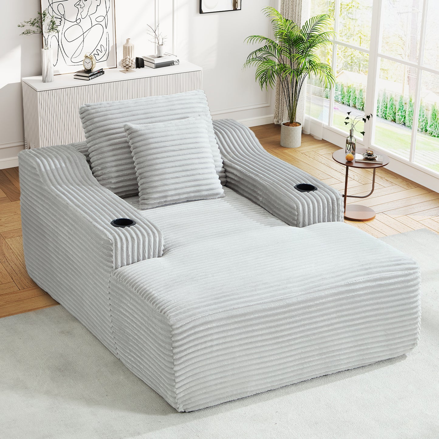 Muumblus Indoor Chaise Lounge Chair with Cup Holders, No Assembly Required, 67"D Oversized Deep Seat Cloud Couch, Corduroy Boneless Sleeper Sofa Bed for Livng Room, White