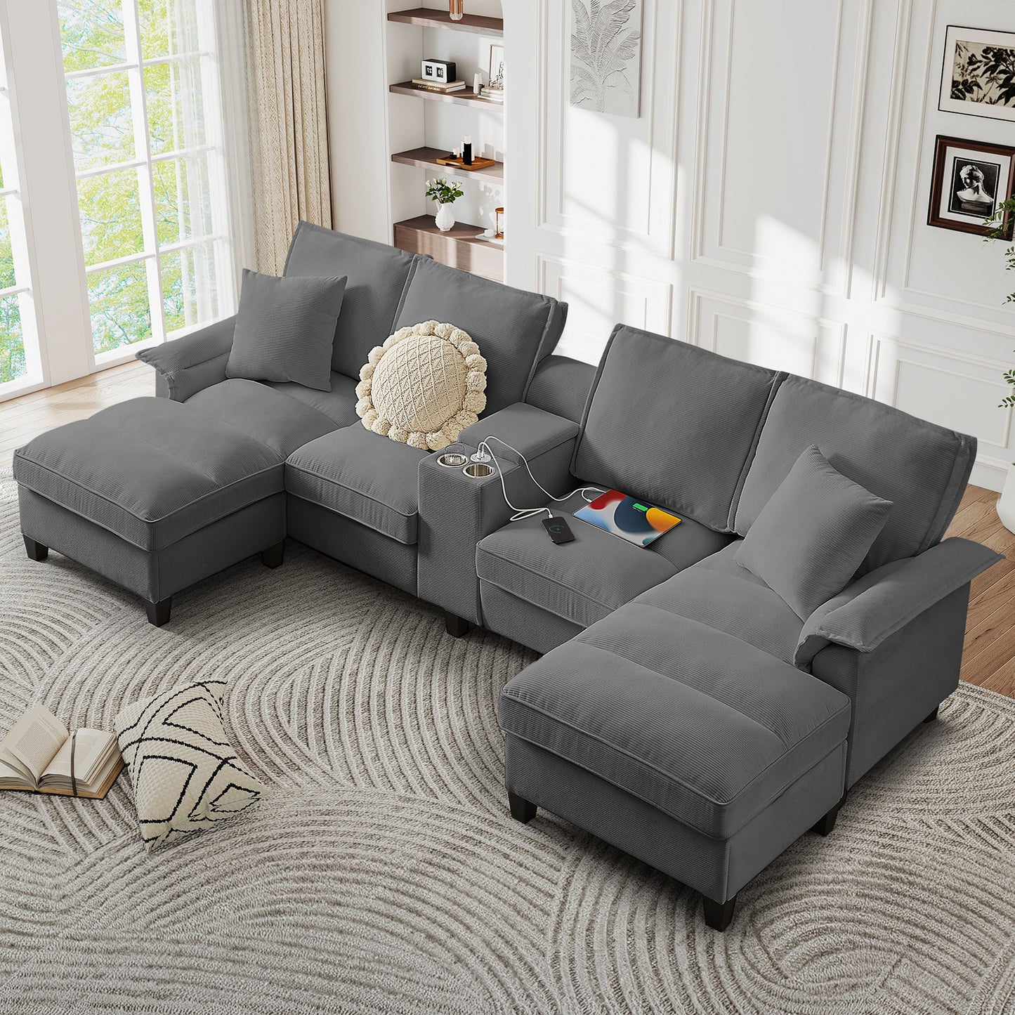 Muumblus 120" U-Shaped Sectional Sofa with USB & Storage, Living Room 4-Seater Couch with Double Chaise Lounge, Cup Holders, Beige Corduroy