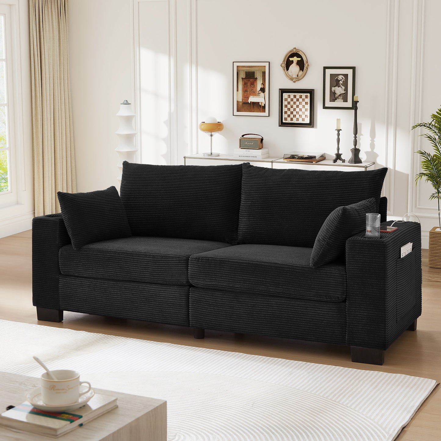 Muumblus 78"L Corduroy Sofa with USB & Cup Holders & Pockets, Deep Seat Living Room Upholstered Sofa, Black