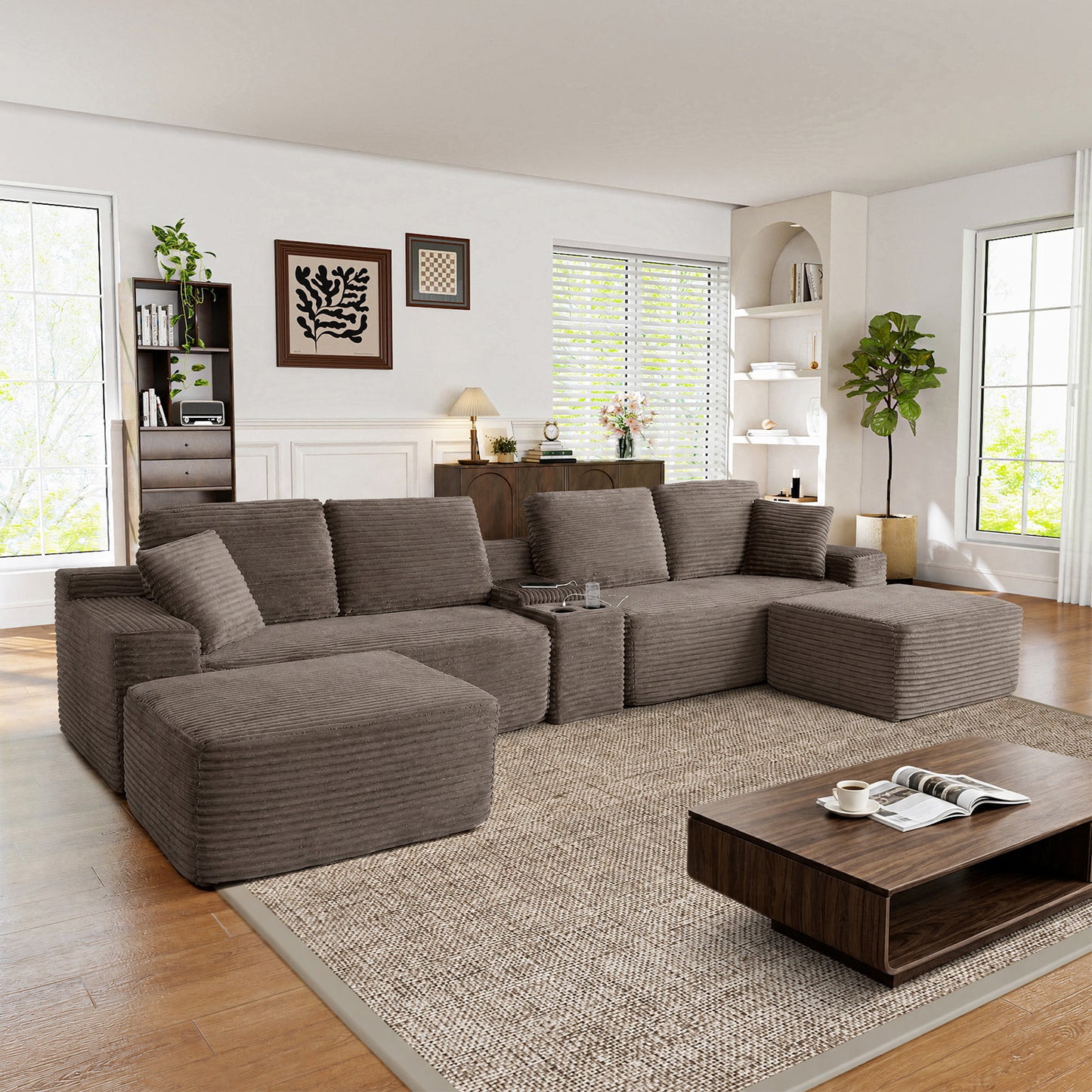 Muumblus 125" Cloud Sectional Sofa with Storage Console, U-Shaped Modular Couch with 2 Ottomans, USB, Cup Holders, Oversized Corduroy Living Room Sofa, Black