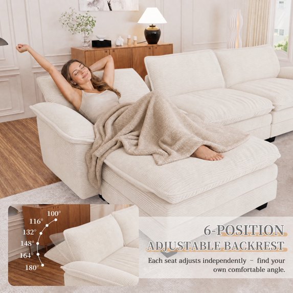 Muumblus Modular Sectional Cloud Sofa with 2 Ottoman, Oversized U-Shaped 3-seater Corduroy Couch for Living Room, Beige
