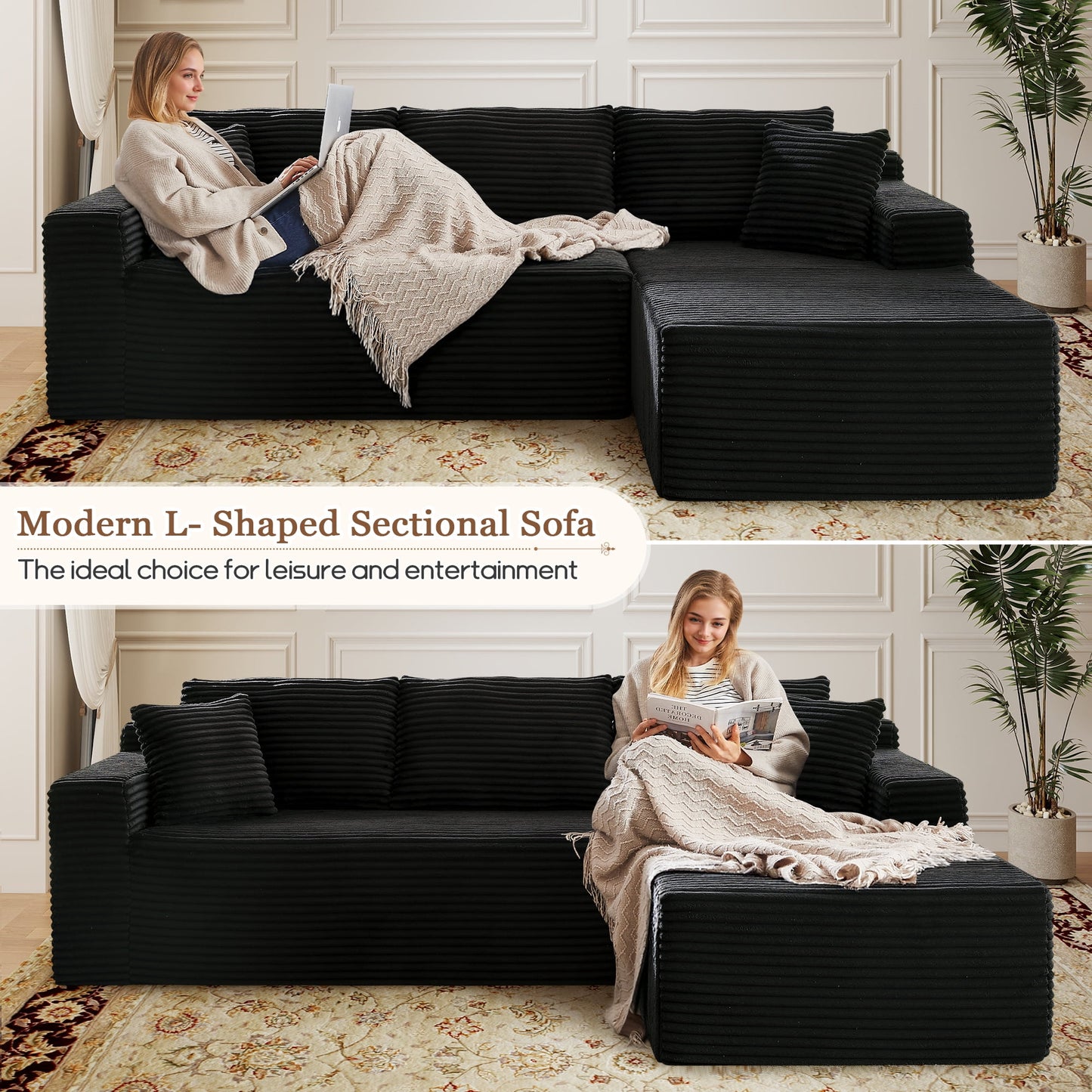 Muumblus Modular Sectional Sofa, Oversized L-Shape Cloud Couch, Modern Corduroy Sleeper Couches for Living Room, No Assembly Required