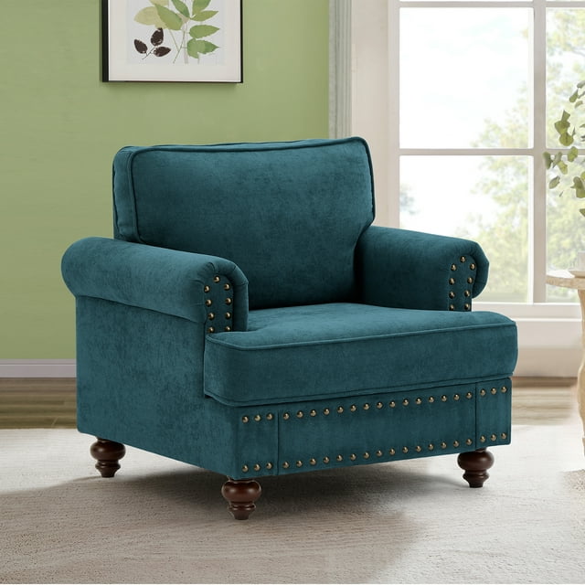 Muumblus 38" W Mid-Century Single Sofa Accent Chair with Nailhead, Chenille Comfy Upholstered Club Armchair for Living Room, Lake Green