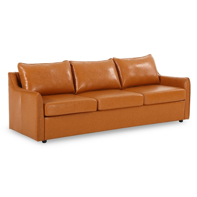 Muumblus 82.7"W Modern Mid-Century Faux Leather 3-Seater Sofa Couch for Living Room, Brown