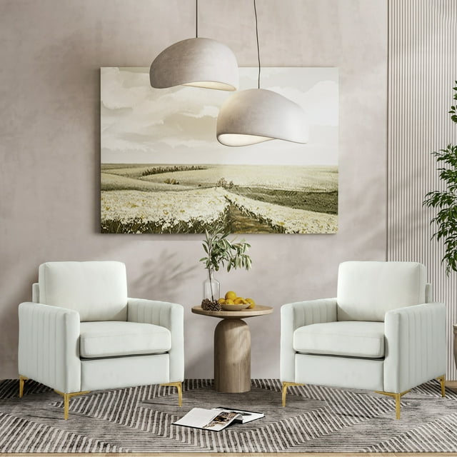 Muumblus Modern Accent Chair, Upholstered Single Sofa Chair Club Arm Chair for Living Room, Comfy Armchair with Metal Legs, Tufted Chair for Reading, Beige Velvet