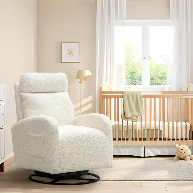 Muumblus Swivel Glider Rocker, Modern Teddy High Back Rocking Chair for Living Room, White