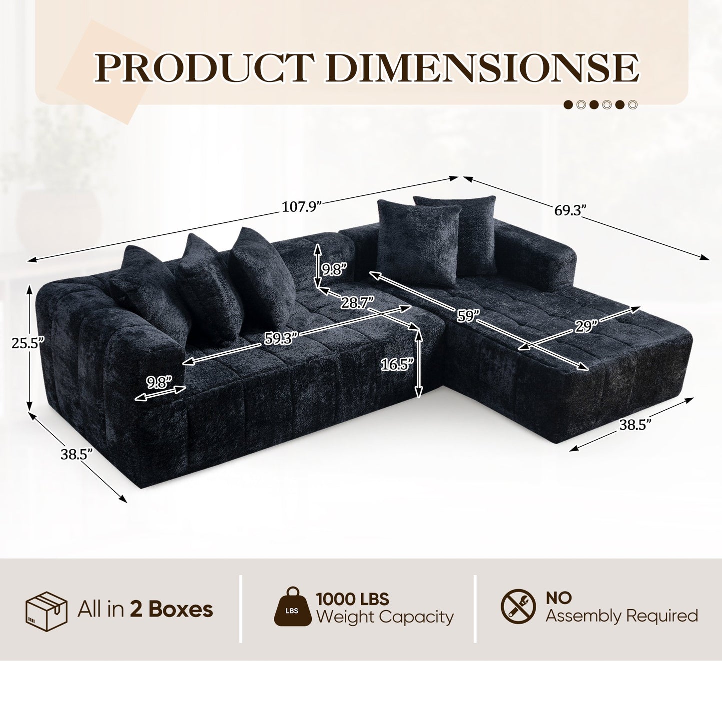 No Assembly Required, Muumblus 108" Oversized Modular Sectional Sofa, L-Shaped Boneless Cloud Couch, Modern Chenille Living Room Floor Sofa, Black (Right Facing Chaise)