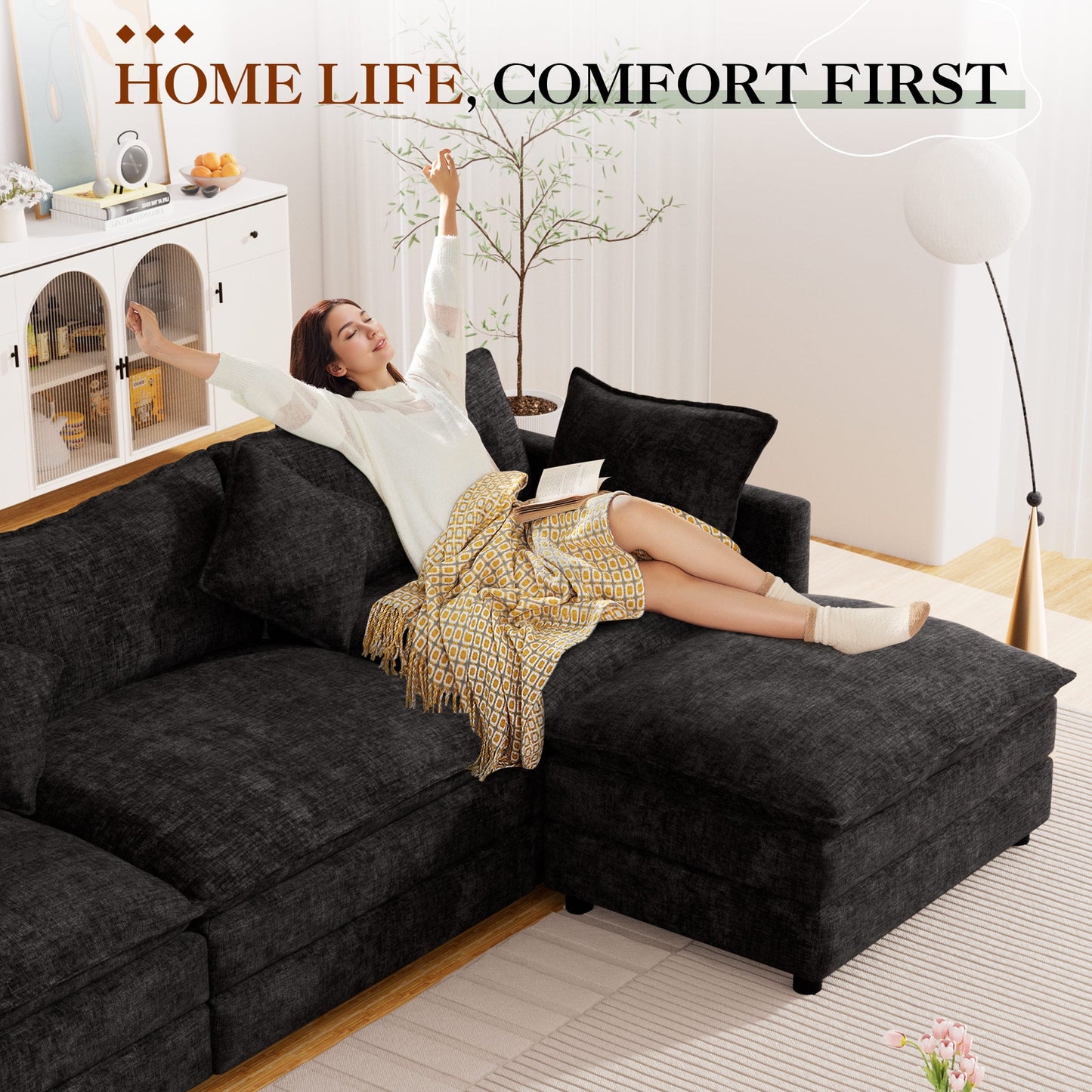 Muumblus Sectional Sofa Cloud Couch with Reversible Ottoman, L-Shaped Chenille Sofa for Living Rooms, Beige