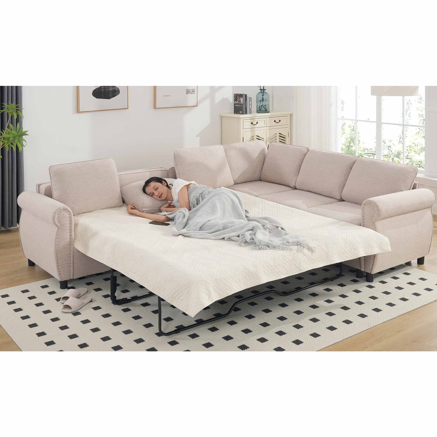 Muumblus Convertible Sectional Sleeper Sofa with Pull Out bed & Mattress, Futon Corner Couch for Living Room, Beige