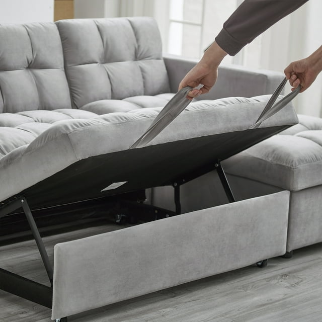Muumblus 84" Convertible Sleeper Sofa Bed with Storage Chaise, L-Shaped Sectional Sofa, Queen Size Pull Out Sofa Bed in Gray Velvet