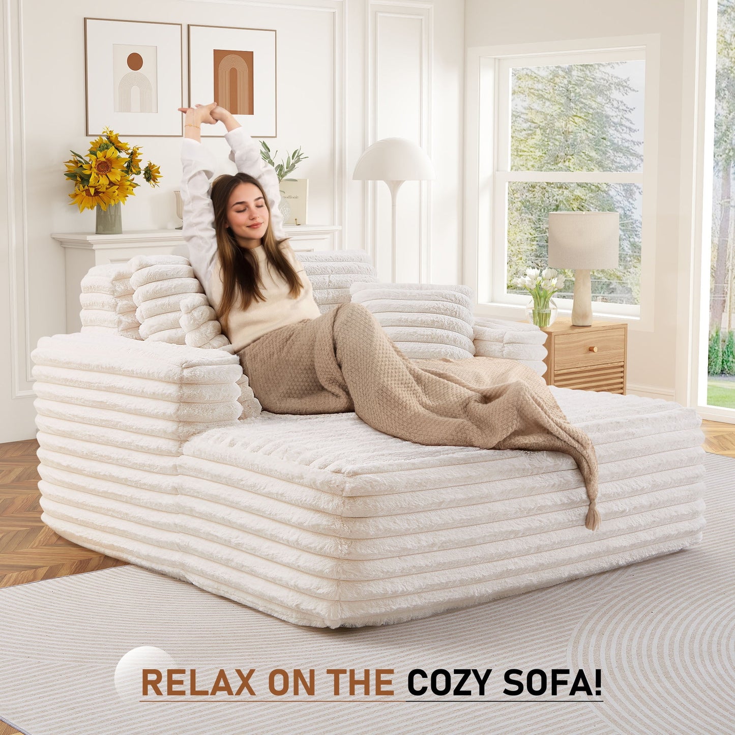 Muumblus Oversized Chaise Lounge Chair Indoor Furniture, No Assembly Required, Plush Corduroy Upholstered Sofa Bed Cozy Sleeper Couch for Living Room, Bedroom