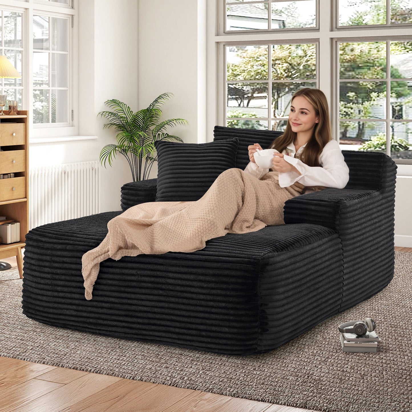 Muumblus Oversized Chaise Lounge Chair Indoor, No Assembly Required, Plush Corduroy Cloud Floor Sofa Bed for Living Room