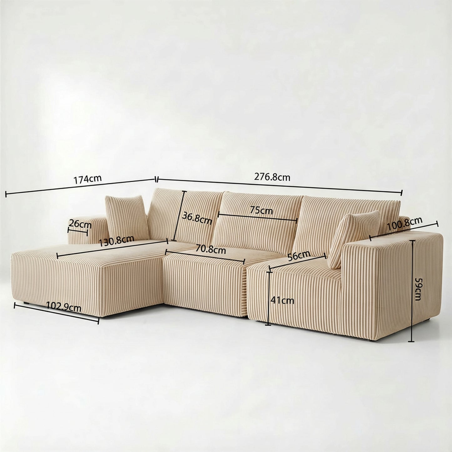 Muumblus 108" Oversized Modular Sectional Sofa with Chaise, L-Shaped Boneless Deep Seat Cloud Couch, No Assembly Living Room Furniture, Beige Corduroy