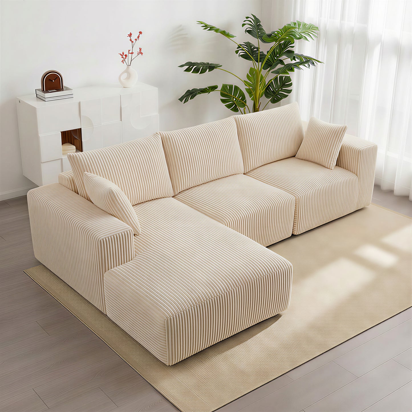 Muumblus 108" Oversized Modular Sectional Sofa with Chaise, L-Shaped Boneless Deep Seat Cloud Couch, No Assembly Living Room Furniture, Beige Corduroy