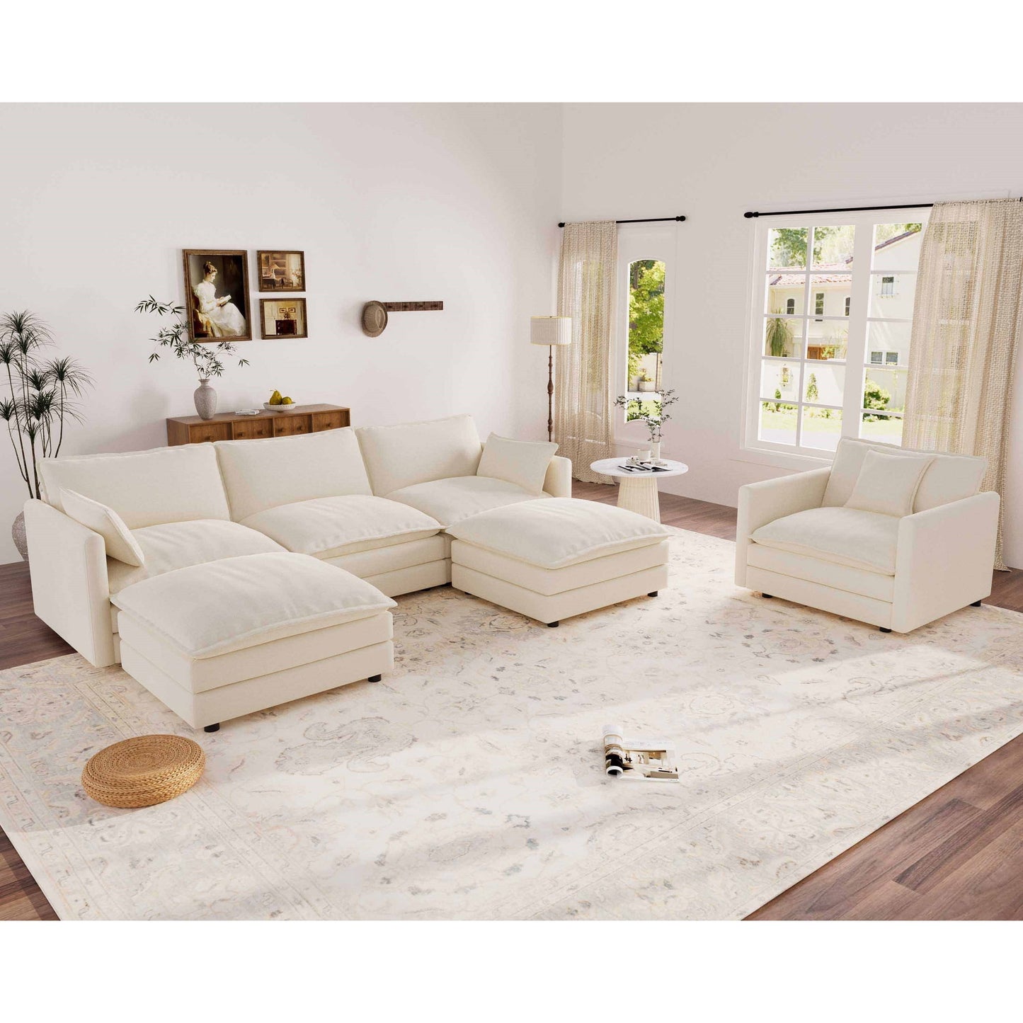 Muumblus 4 Pieces Living Room Furniture Sets, Modular L-Shaped Sofa and Chaise Lounge Chair with 2 Movable Ottoman, Beige Chenille