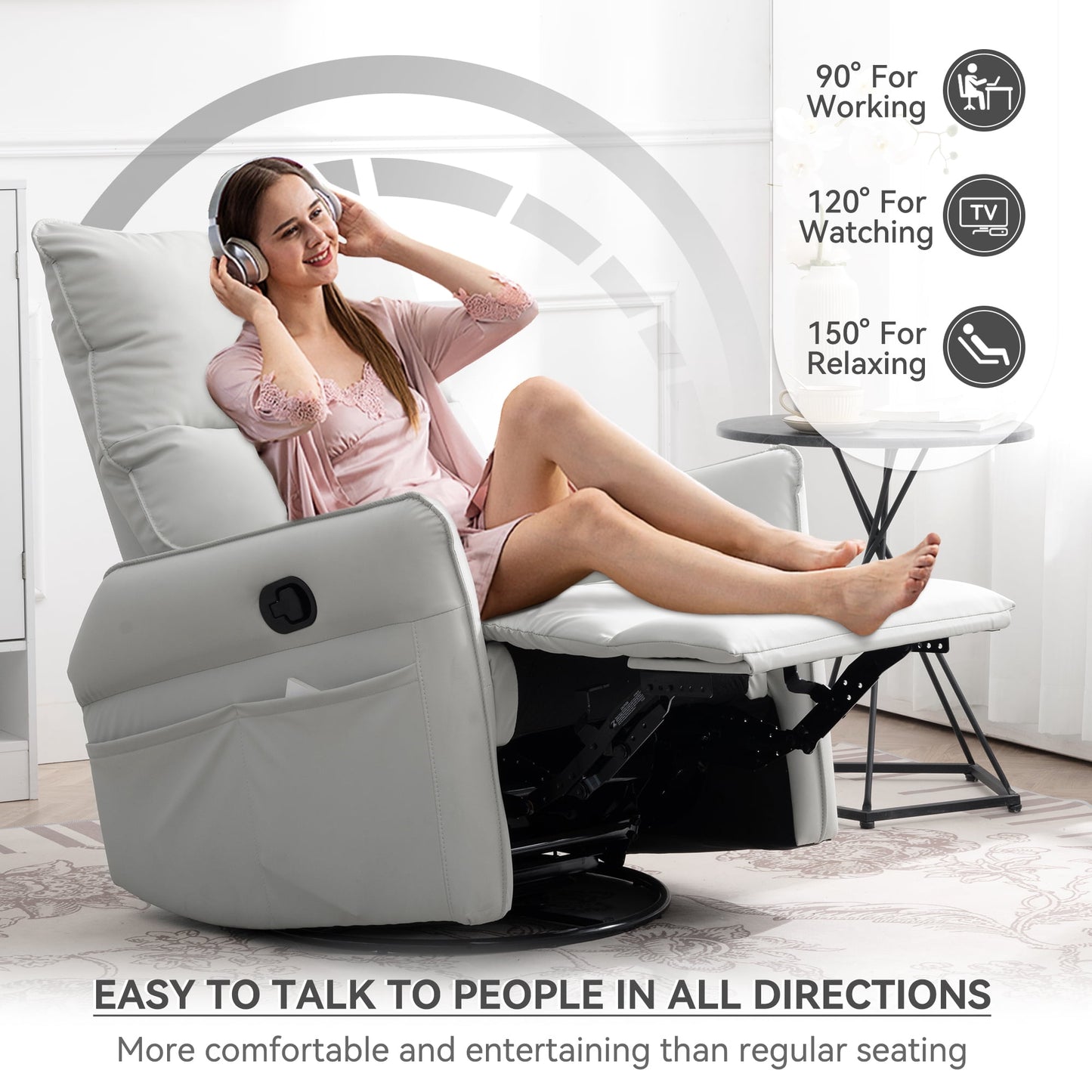 Muumblus Leather Swivel Glider Recliner Chair for Baby Nursery, Modern Upholstered Glider Rocker for Living Room, Bedroom, Light Gray