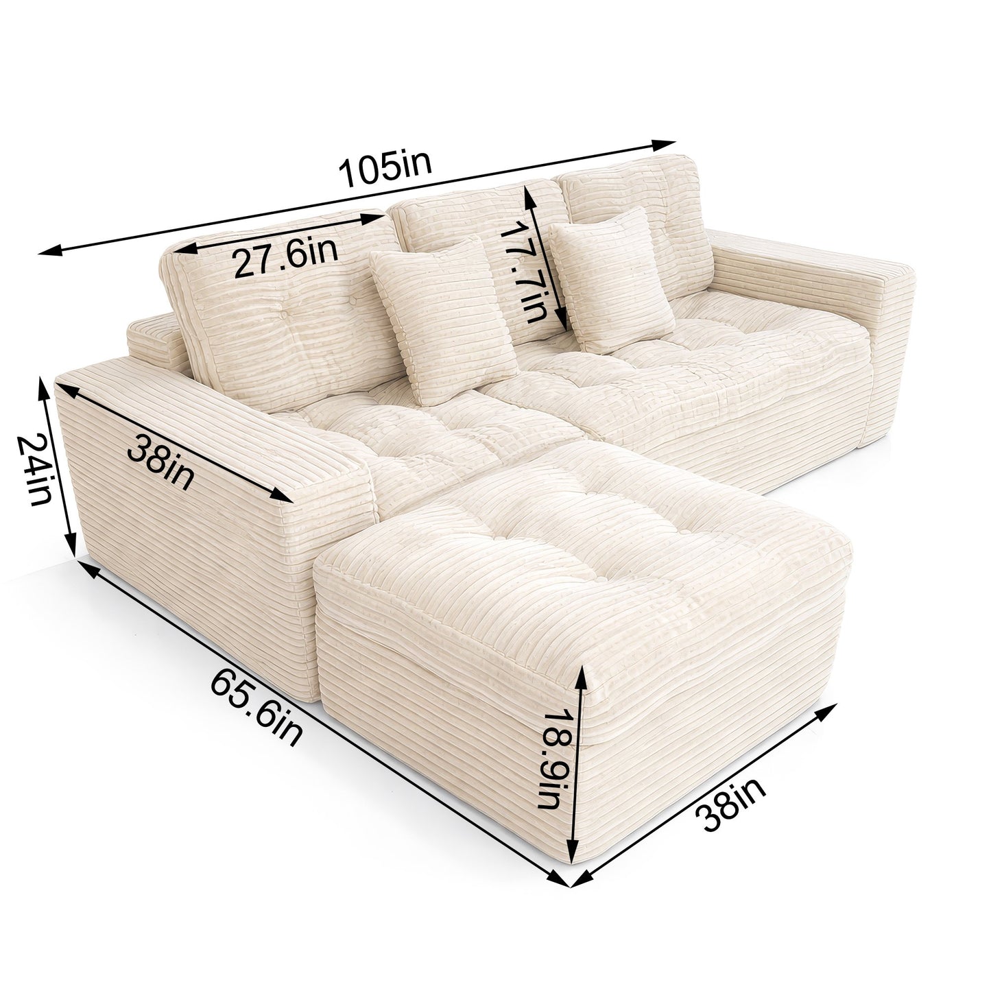 Muumblus 105" Oversized Modular Sectional Sofa with Movable Ottoman, L-Shaped Boneless Cloud Couch, Modern Sleeper Sofa for Living Room, White Corduroy