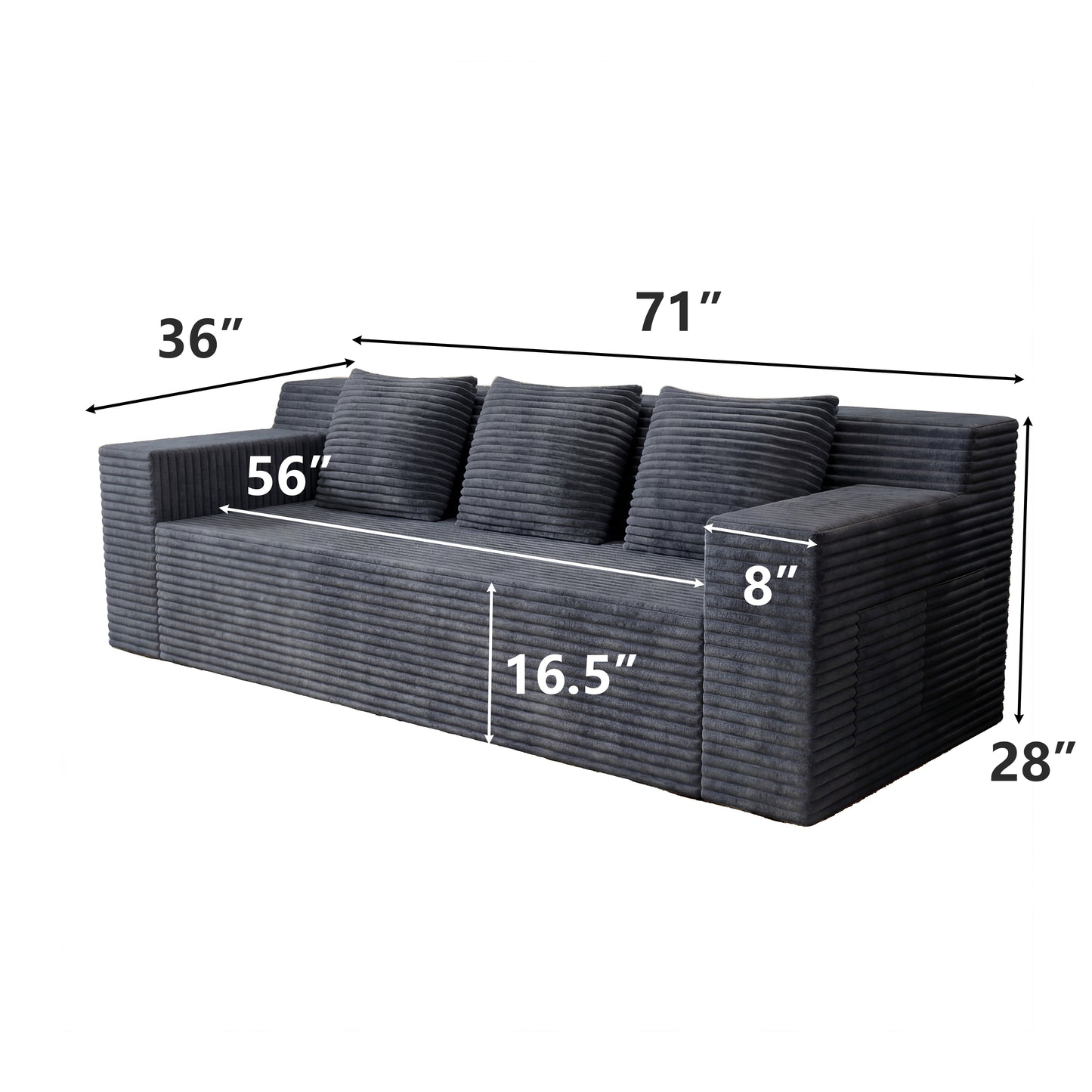 Muumblus 71" Boneless Sofa with Square Arms, Living Room Upholstered Deep Seat Couch with Pocket, Dark Gray Corduroy